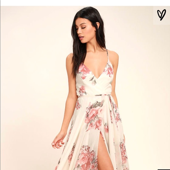 ELEGANT CREAM FLORAL PRINT WRAP MAXI DRESS - Picture 1 of 5